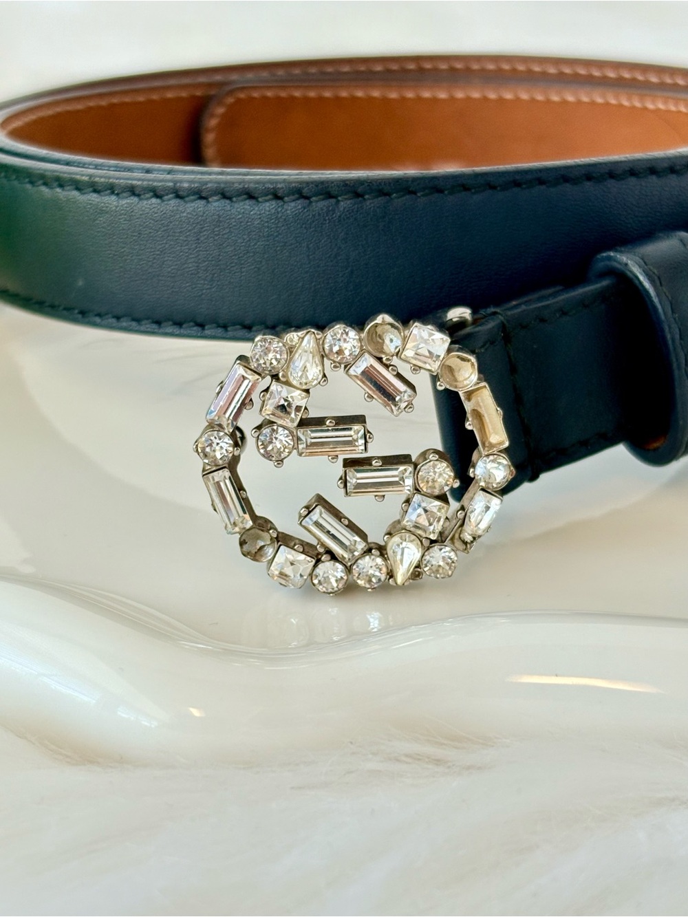 Gucci Black Leather Interlocking Crystal GG Skinny Belt - Picture 6 of 14